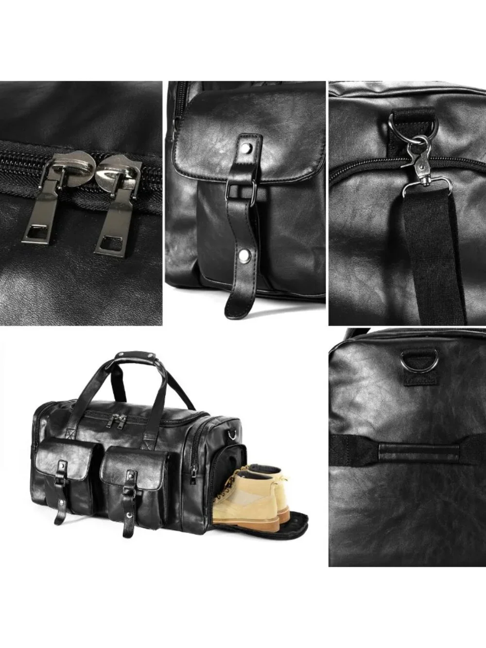 Stylish PU Leather Travel Duffel Bag with Shoe Pouch - Weekender & Overnight Bag